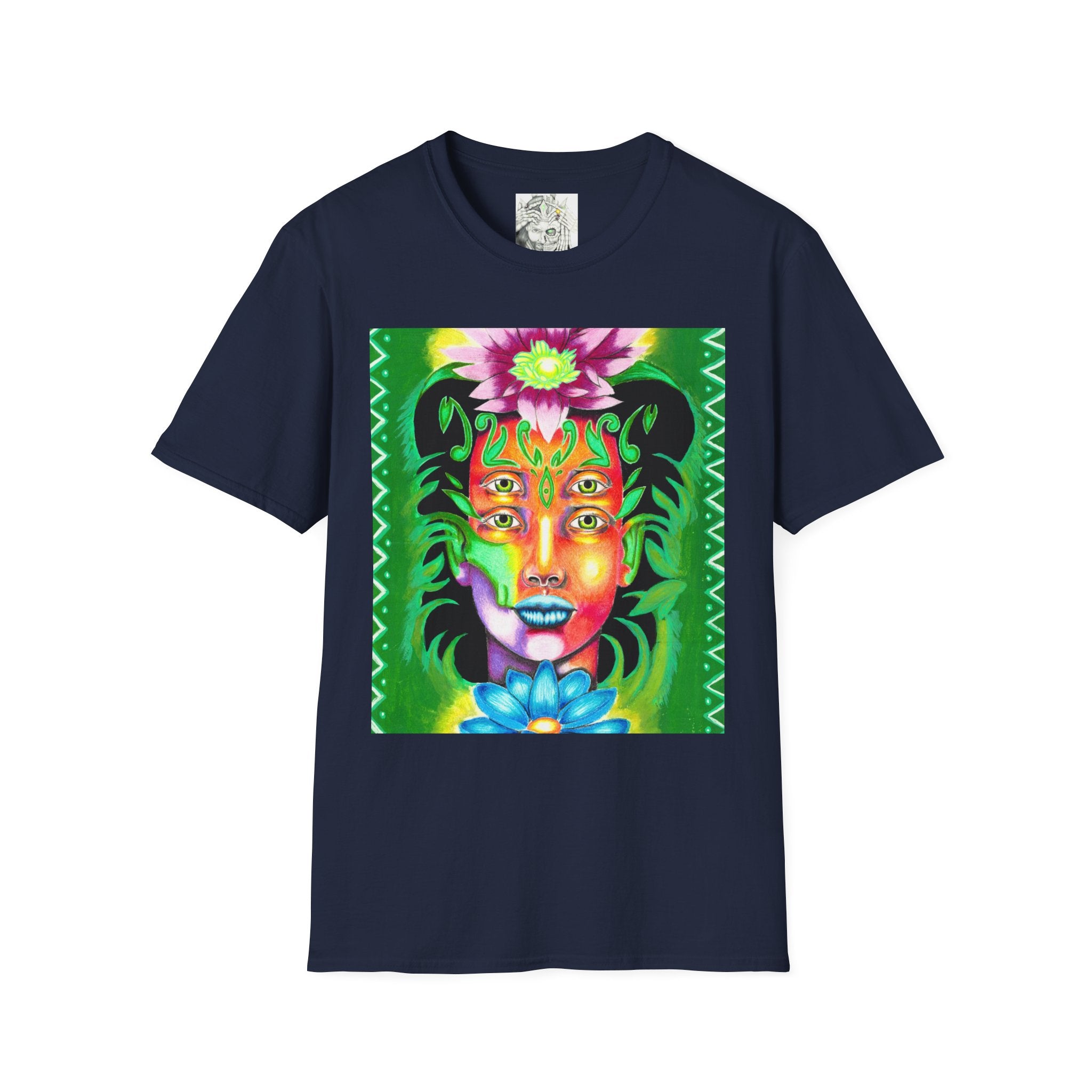 Psychedelic Floral Face T-Shirt — Vibrant Mystic Four-Eyes Design
