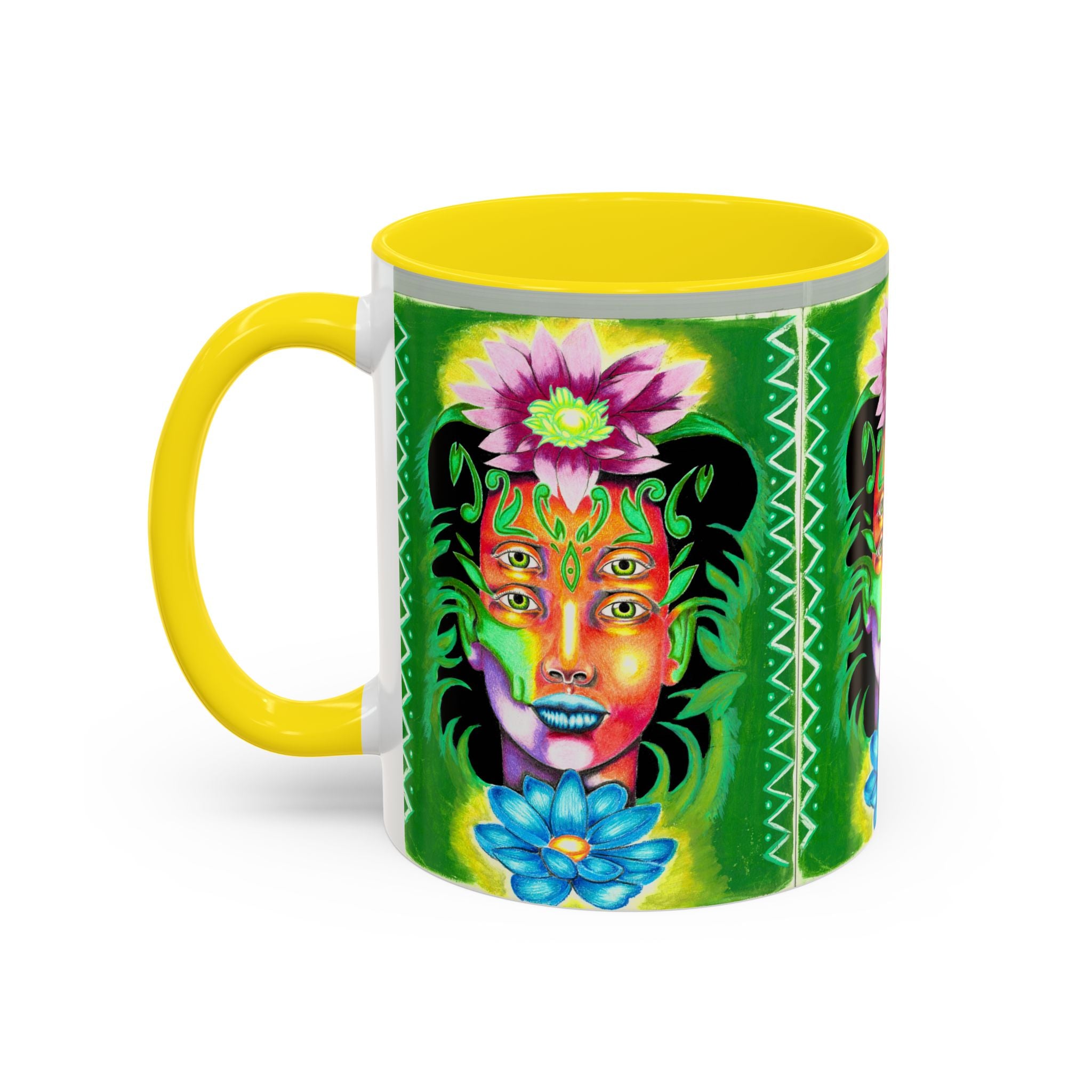 Psychedelic Floral Face Accent Coffee Mug — Colorful Spiritual Art 11/15oz
