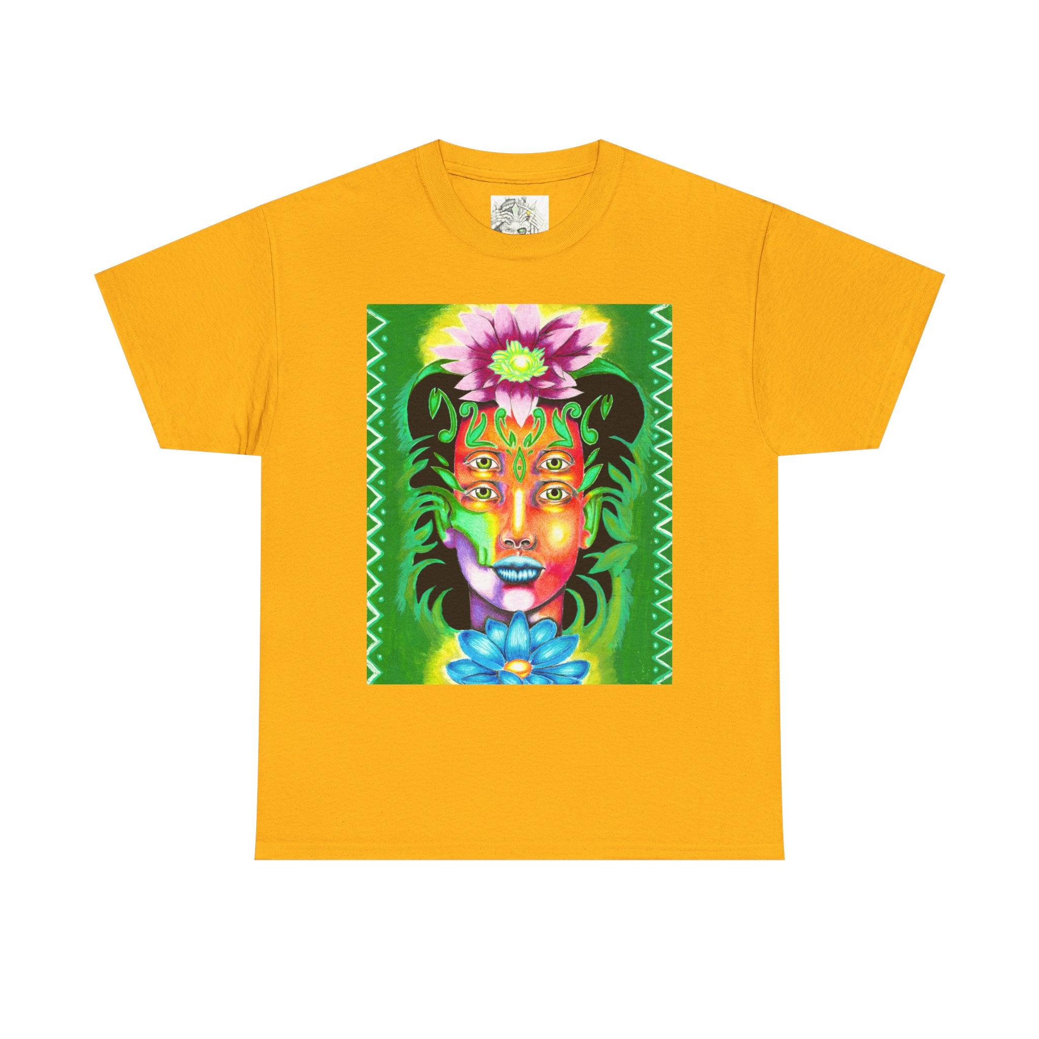 Psychedelic Floral Face Tee — Vibrant Neon Botanical Portrait T-Shirt