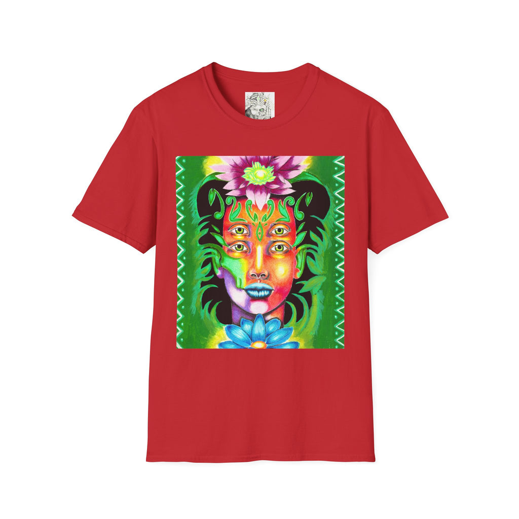 Psychedelic Floral Face T-Shirt — Vibrant Mystic Four-Eyes Design