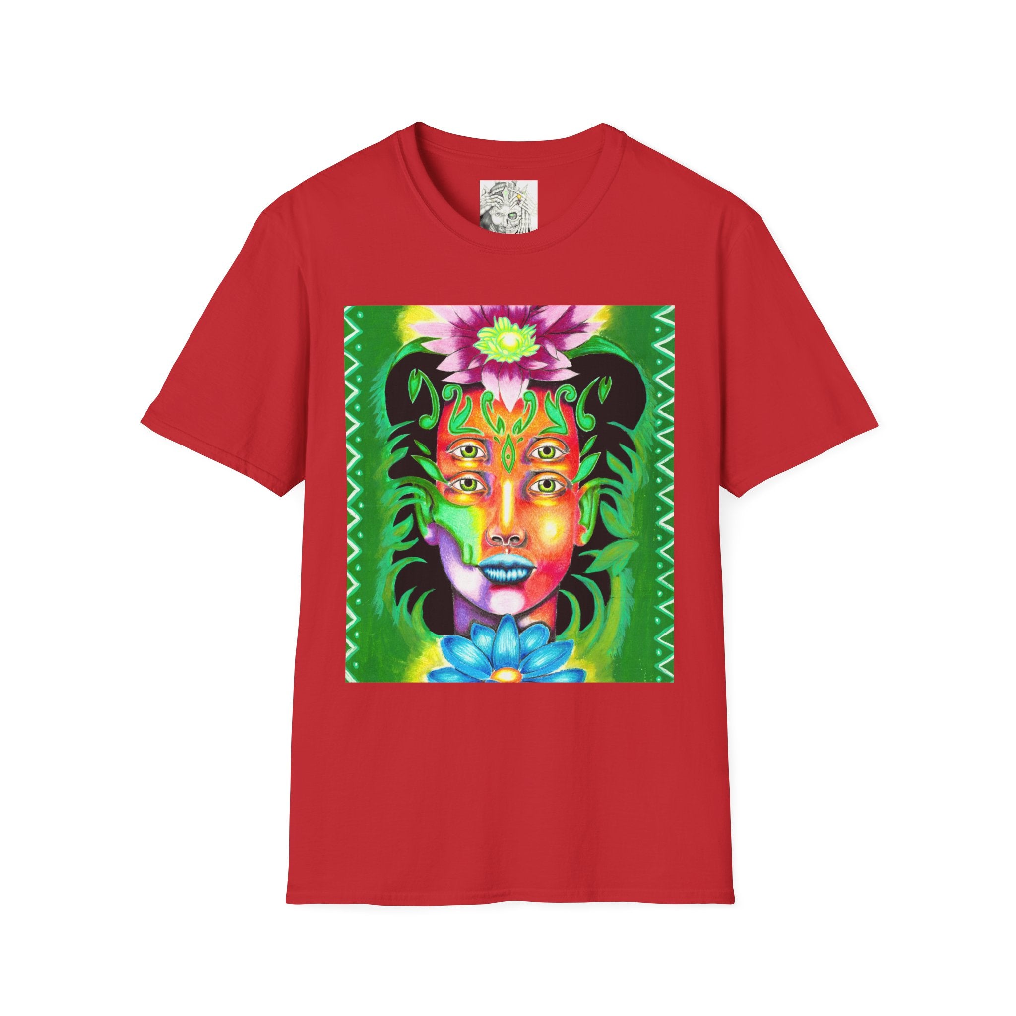 Psychedelic Floral Face T-Shirt — Vibrant Mystic Four-Eyes Design