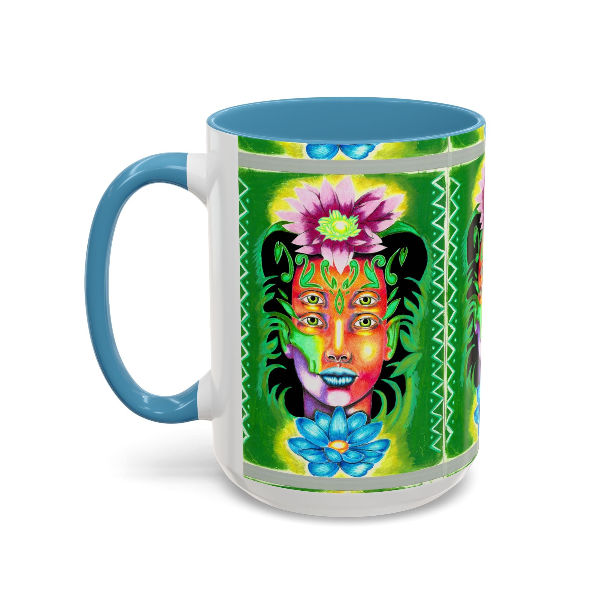 Psychedelic Floral Face Accent Coffee Mug — Colorful Spiritual Art 11/15oz