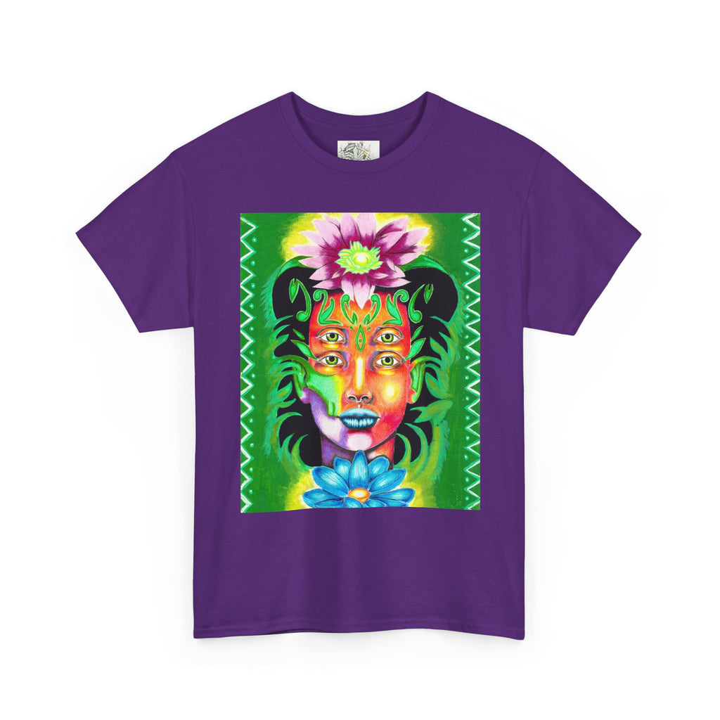 Psychedelic Floral Face Tee — Vibrant Neon Botanical Portrait T-Shirt