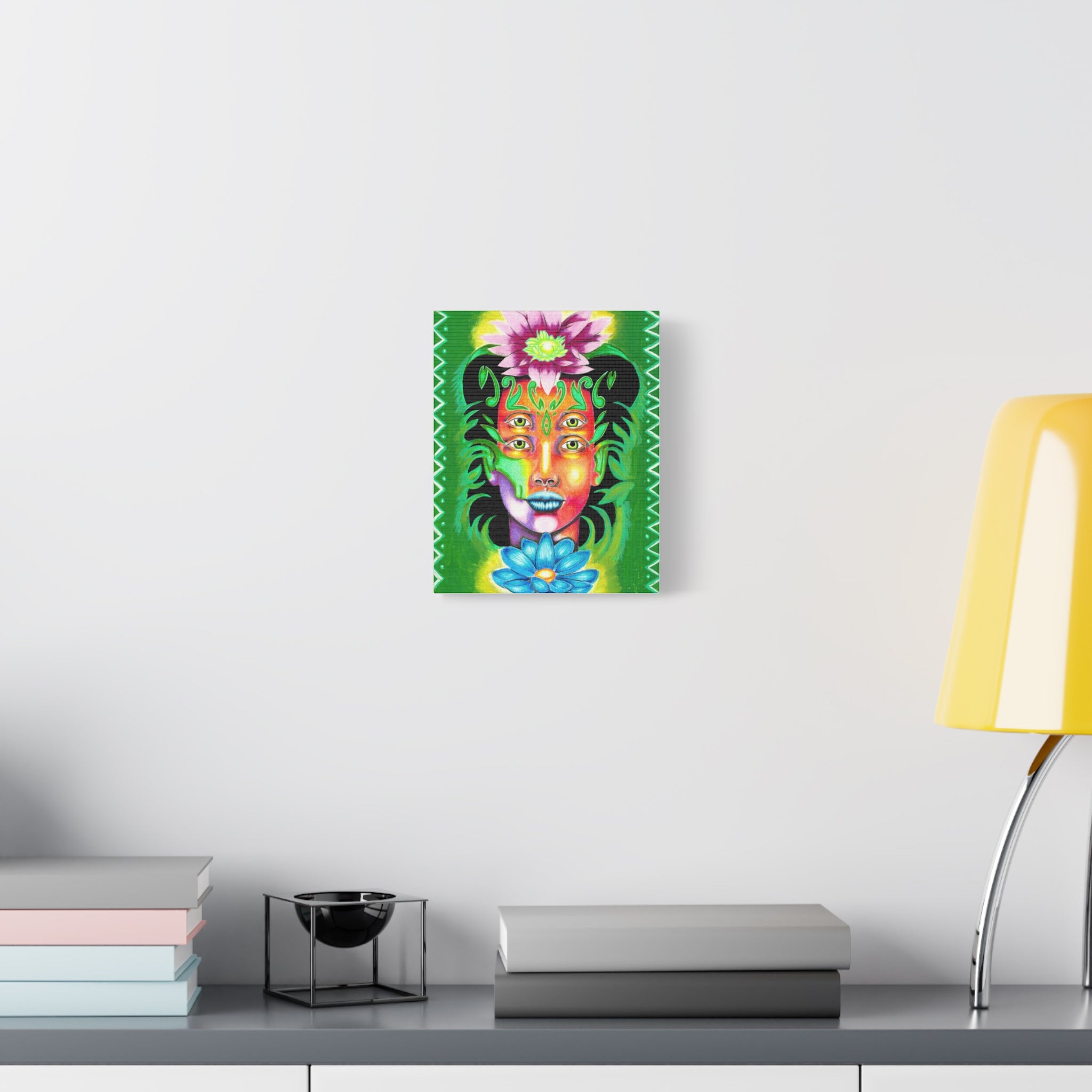 Psychedelic Four-Eyed Face Floral Canvas Art — Vibrant Surreal Wall Decor
