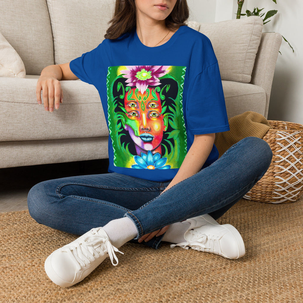 Psychedelic Floral Face T-Shirt — Vibrant Mystic Four-Eyes Design