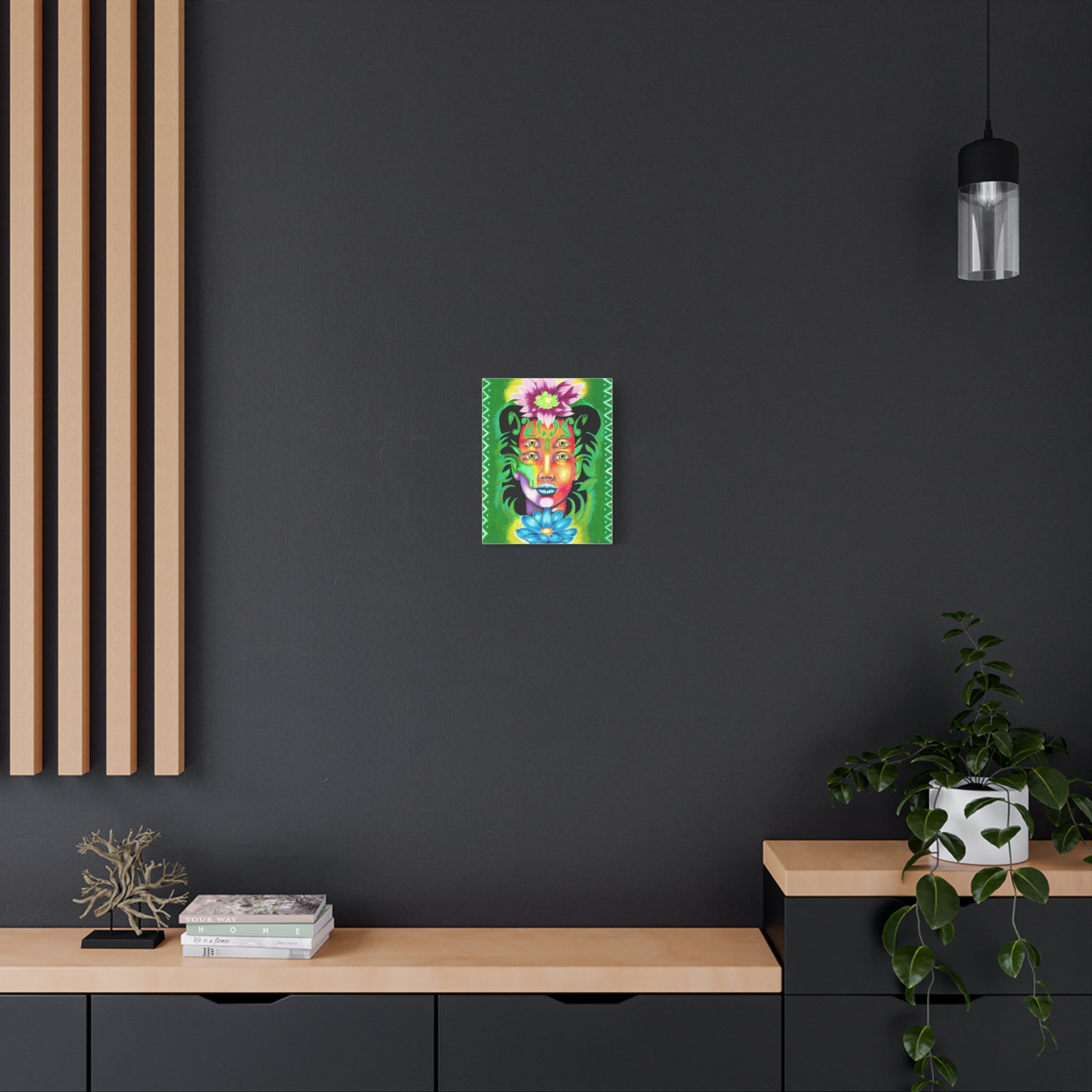 Psychedelic Four-Eyed Face Floral Canvas Art — Vibrant Surreal Wall Decor