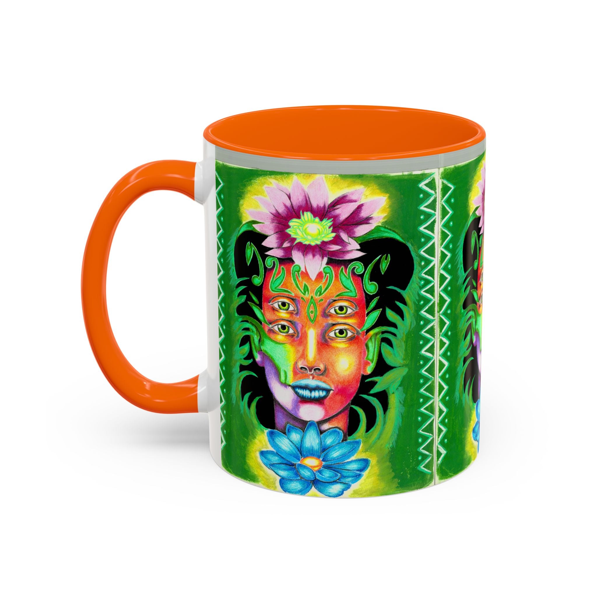 Psychedelic Floral Face Accent Coffee Mug — Colorful Spiritual Art 11/15oz