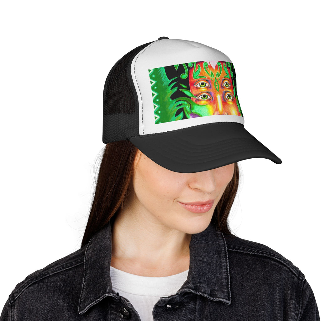Psychedelic Green Four-Eyed Trucker Cap — Vibrant Festival & Rave Hat
