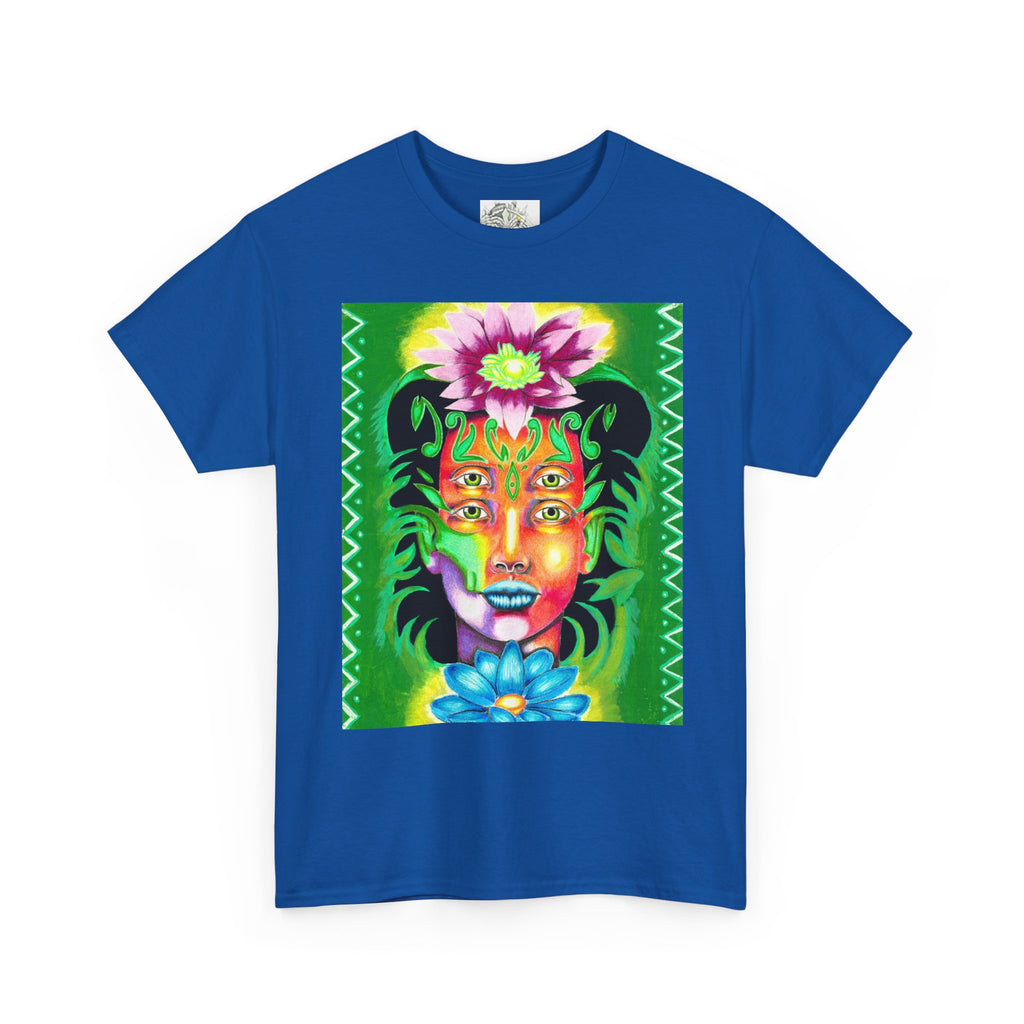Psychedelic Floral Face Tee — Vibrant Neon Botanical Portrait T-Shirt