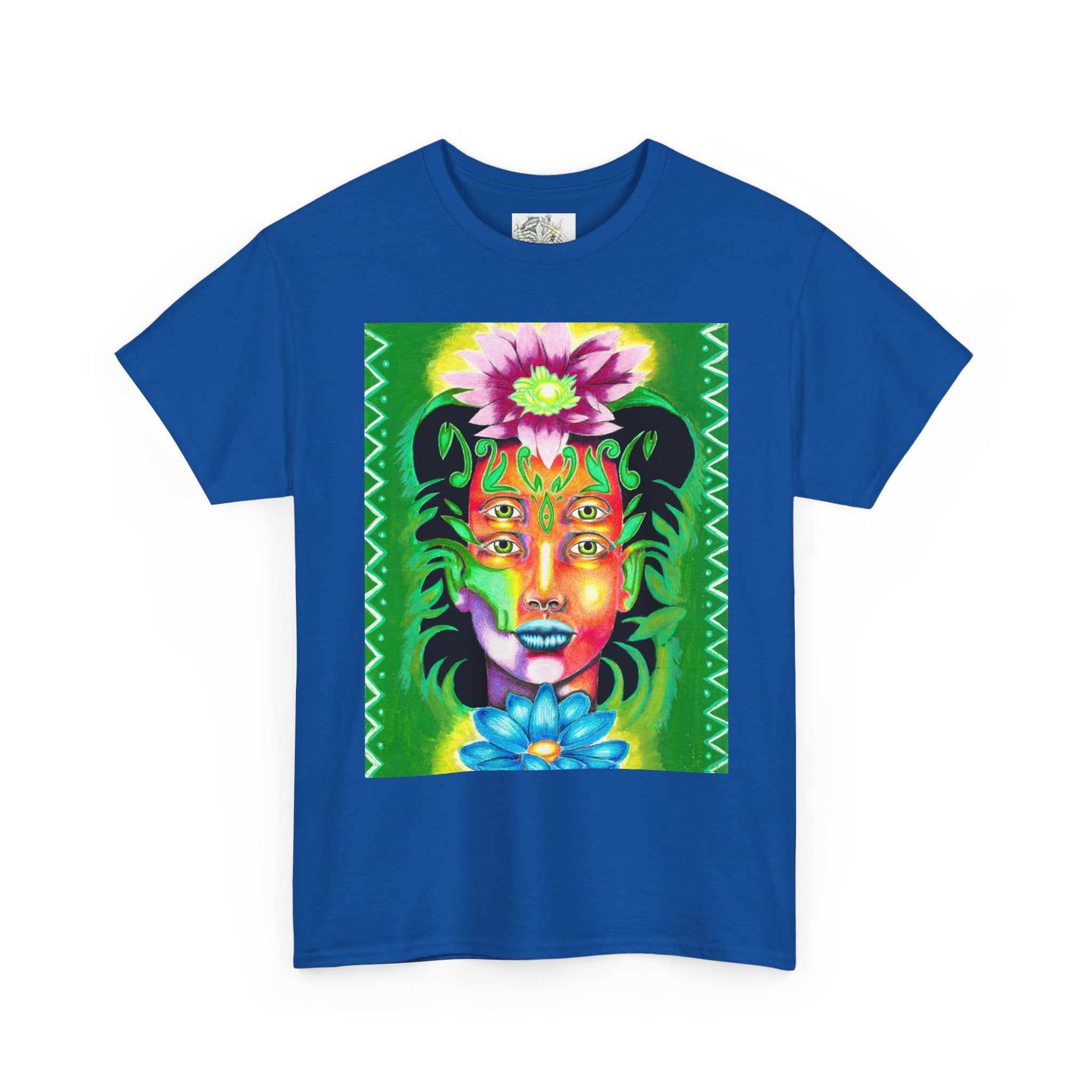 Psychedelic Floral Face Tee — Vibrant Neon Botanical Portrait T-Shirt