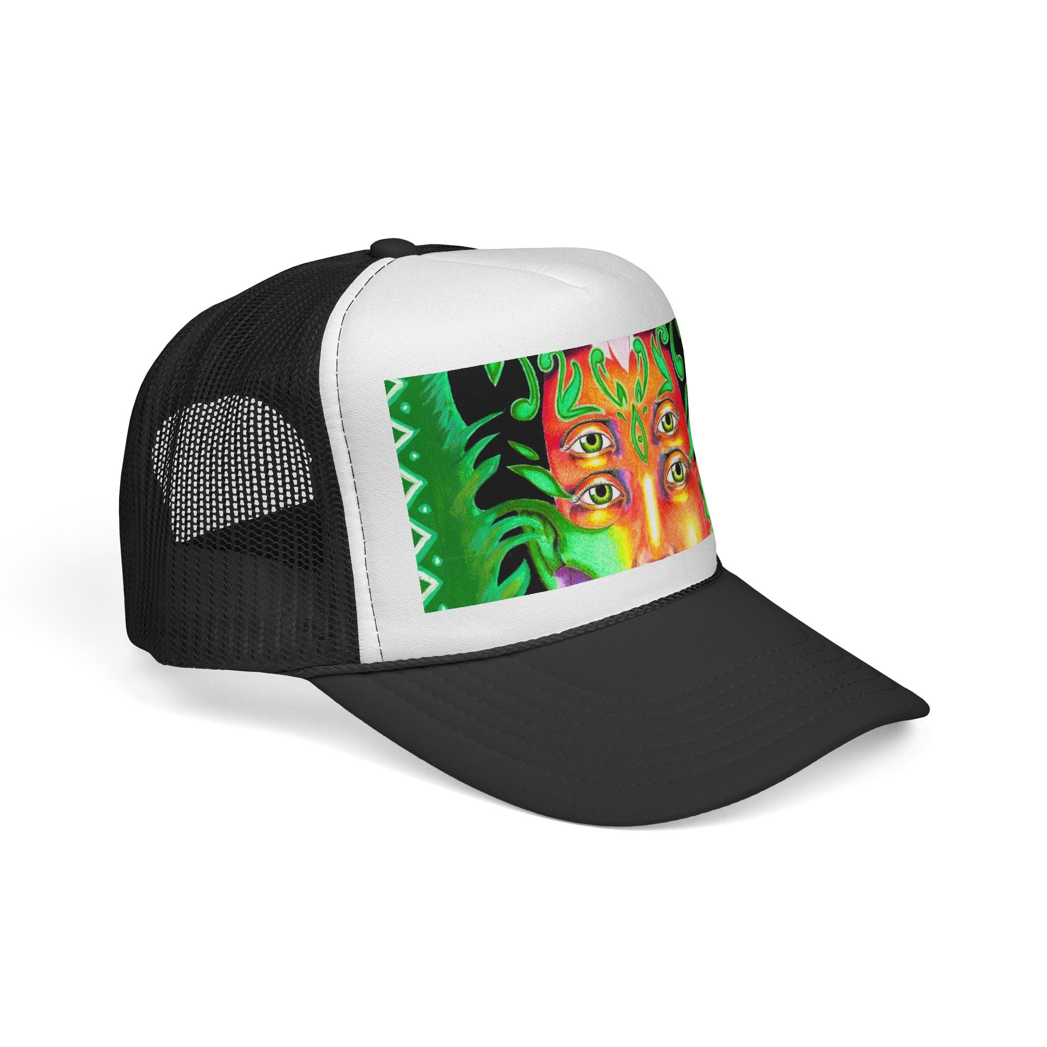 Psychedelic Green Four-Eyed Trucker Cap — Vibrant Festival & Rave Hat