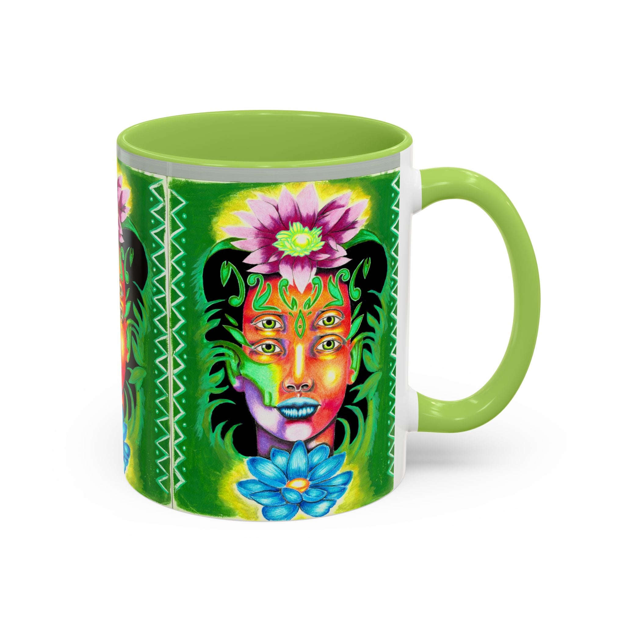 Psychedelic Floral Face Accent Coffee Mug — Colorful Spiritual Art 11/15oz