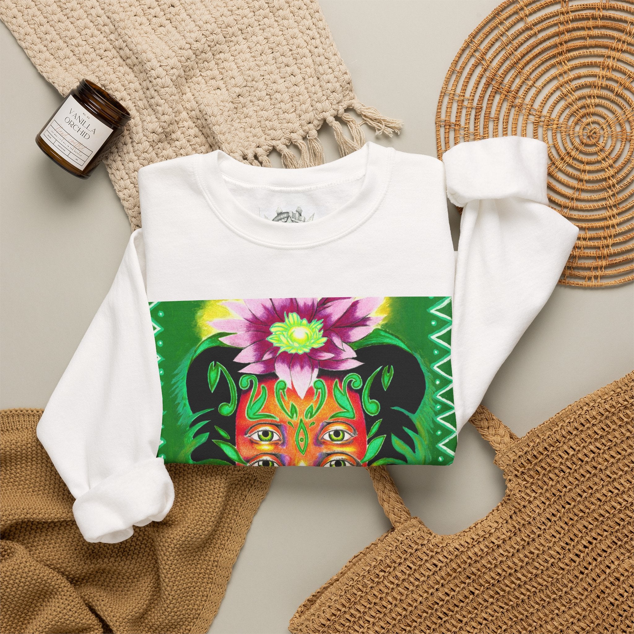 Crewneck Sweatshirt — Vibrant Floral Spirit Face Graphic
