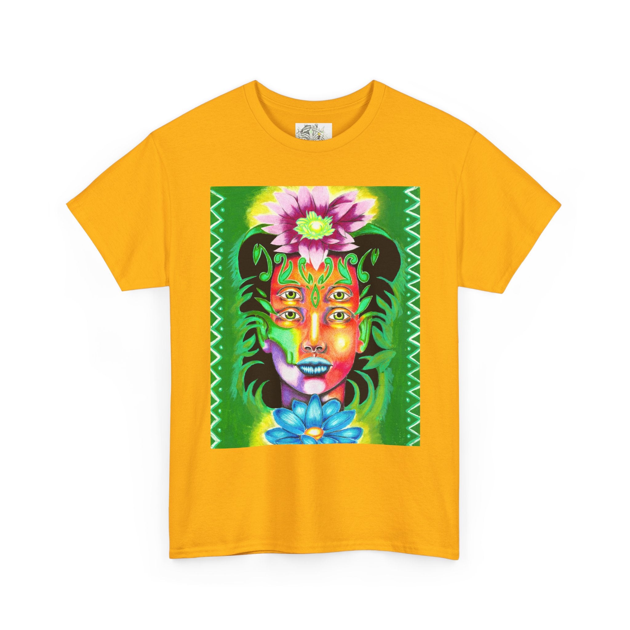Psychedelic Floral Face Tee — Vibrant Neon Botanical Portrait T-Shirt