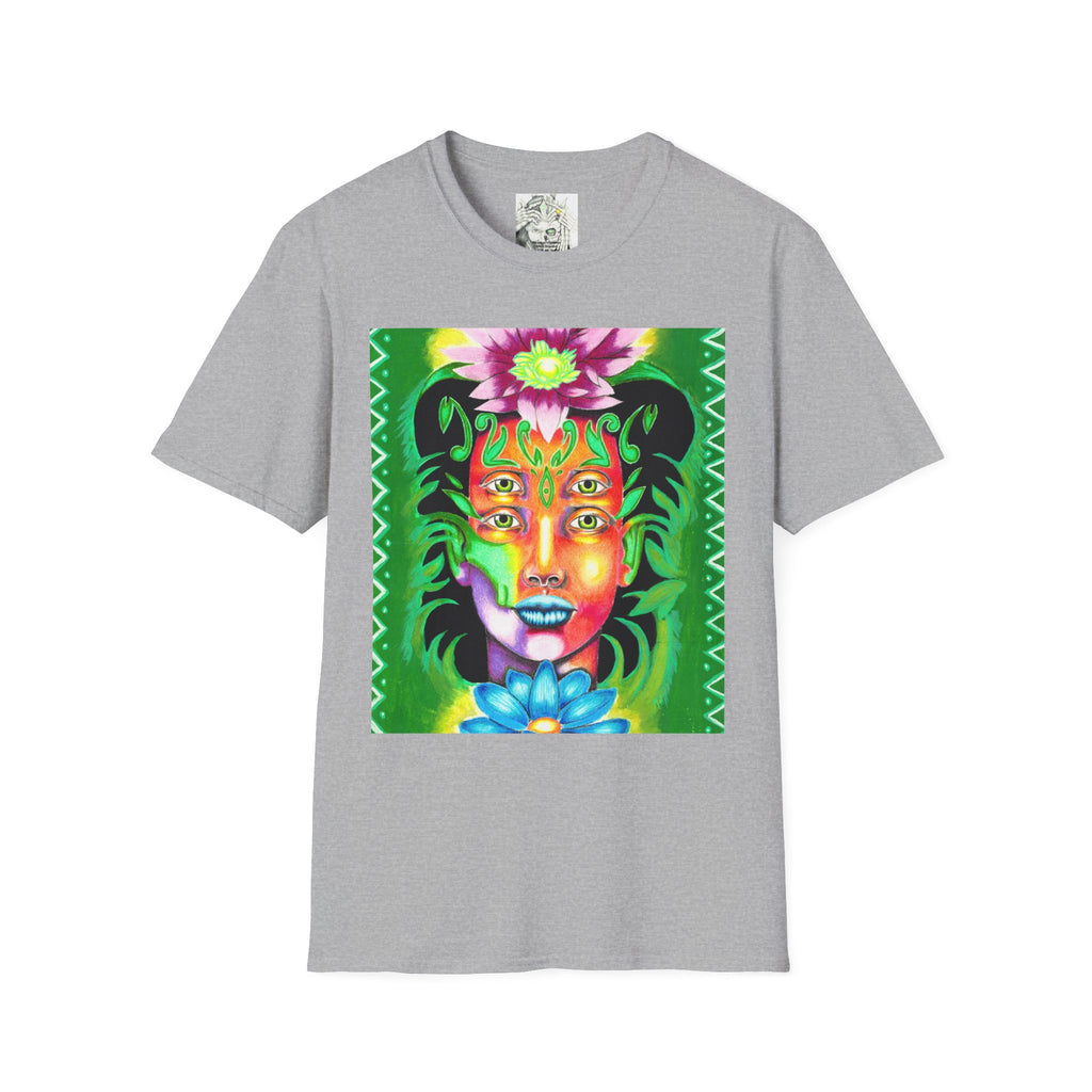 Psychedelic Floral Face T-Shirt — Vibrant Mystic Four-Eyes Design