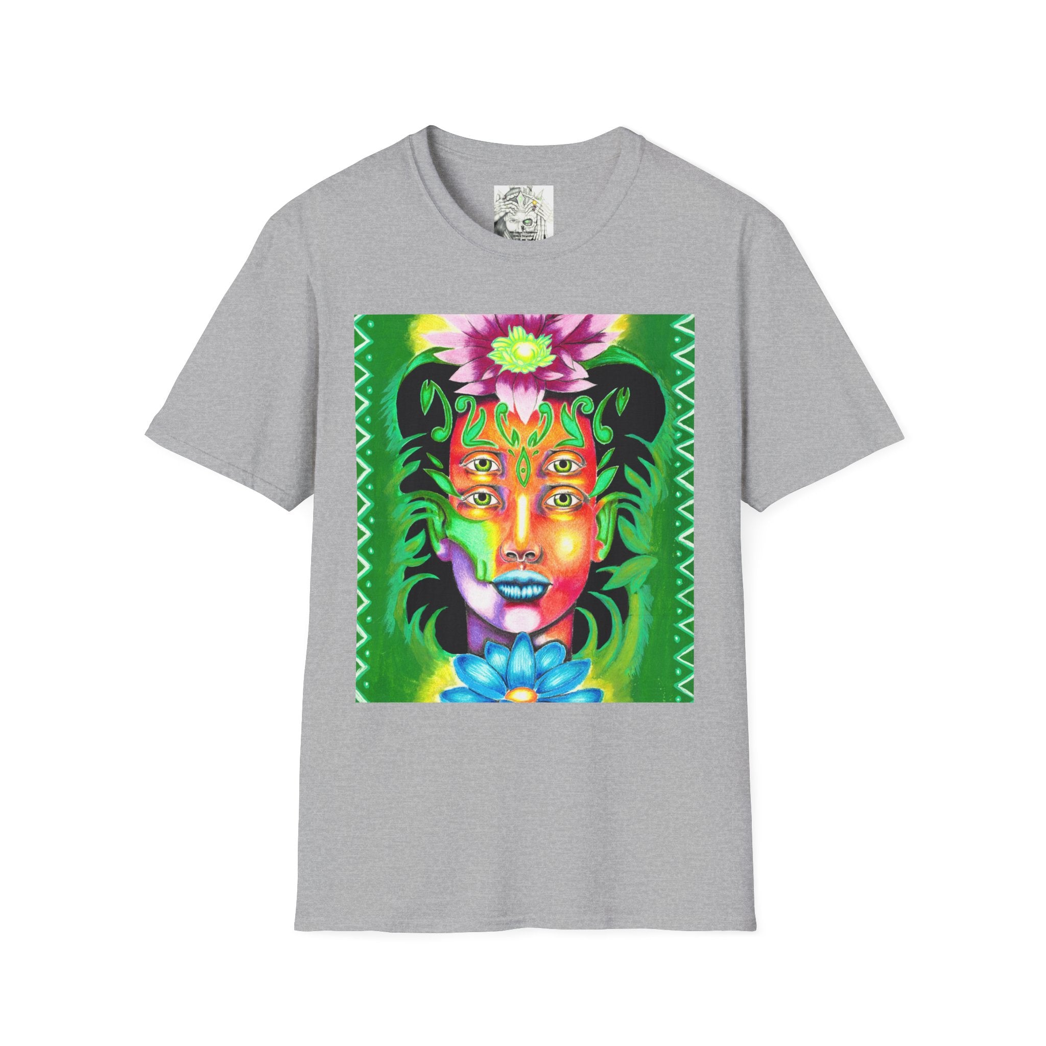 Psychedelic Floral Face T-Shirt — Vibrant Mystic Four-Eyes Design