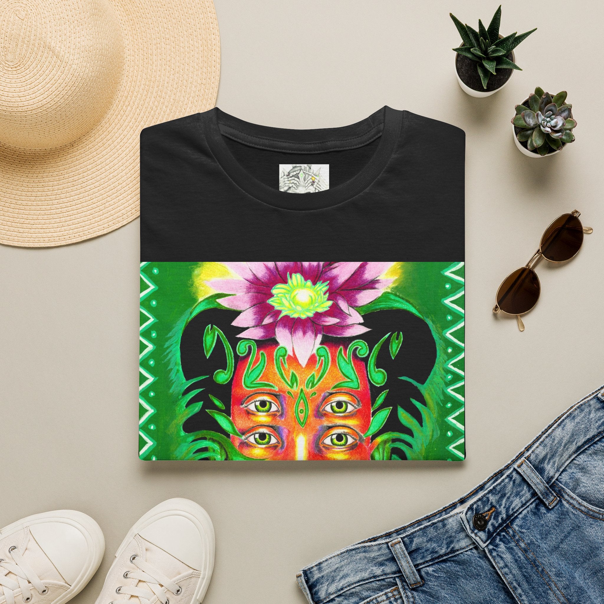 Psychedelic Floral Face T-Shirt — Vibrant Mystic Four-Eyes Design