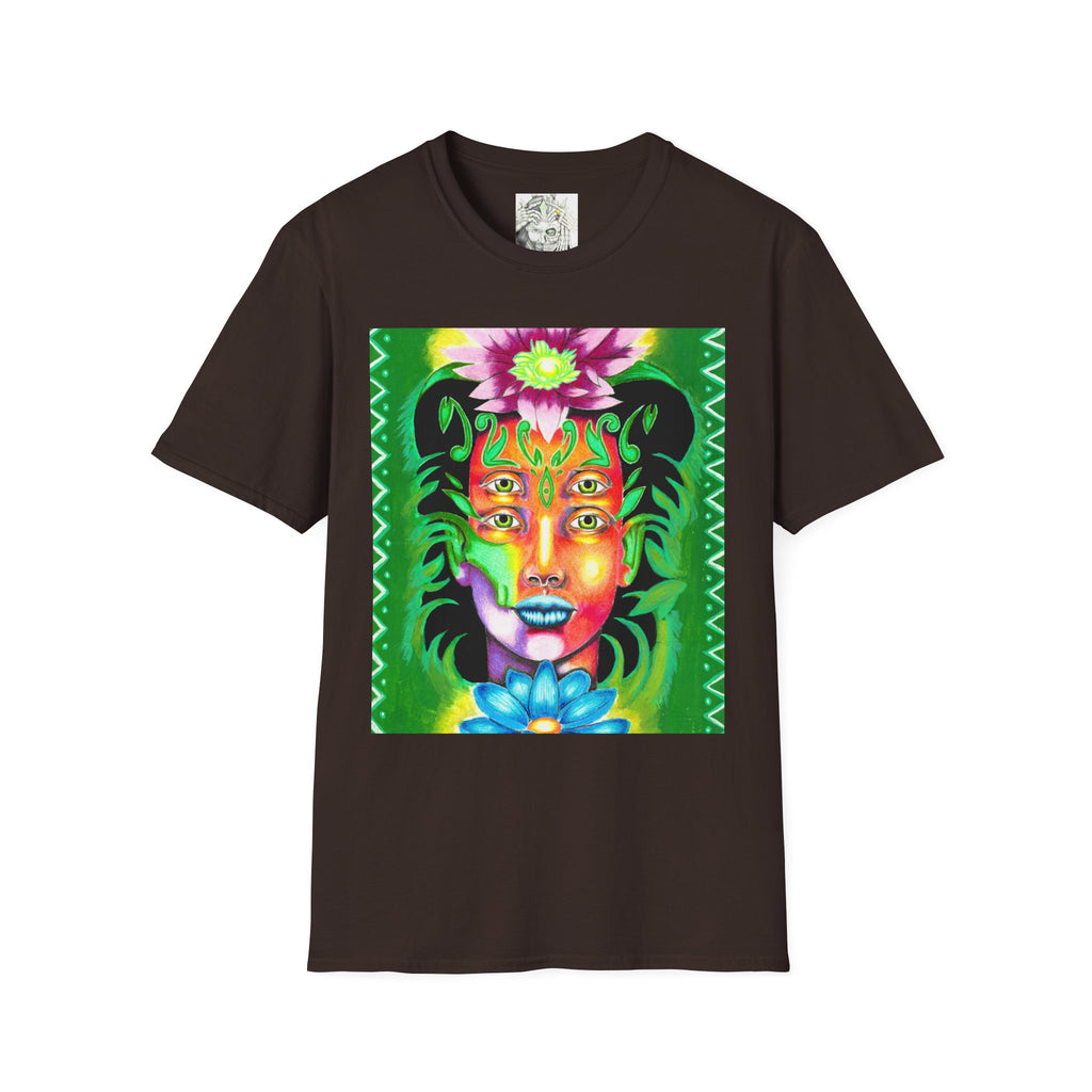 Psychedelic Floral Face T-Shirt — Vibrant Mystic Four-Eyes Design
