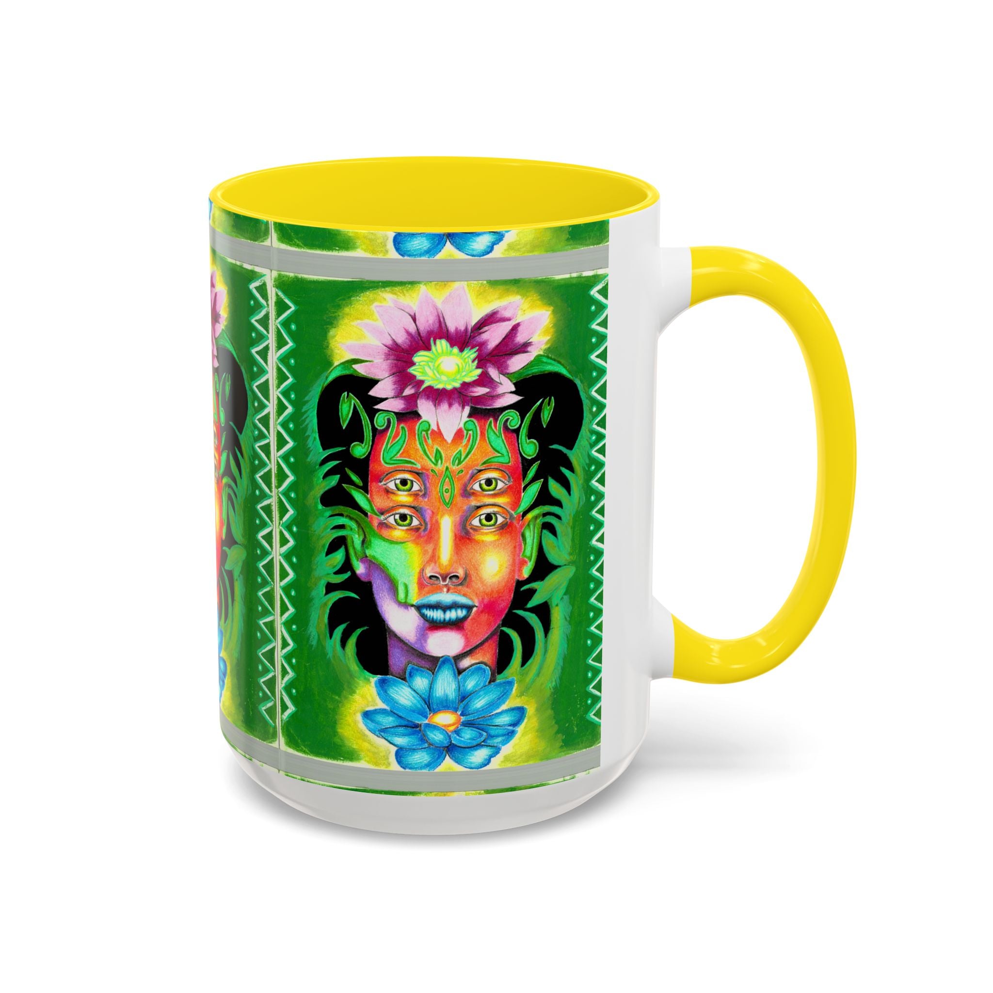 Psychedelic Floral Face Accent Coffee Mug — Colorful Spiritual Art 11/15oz