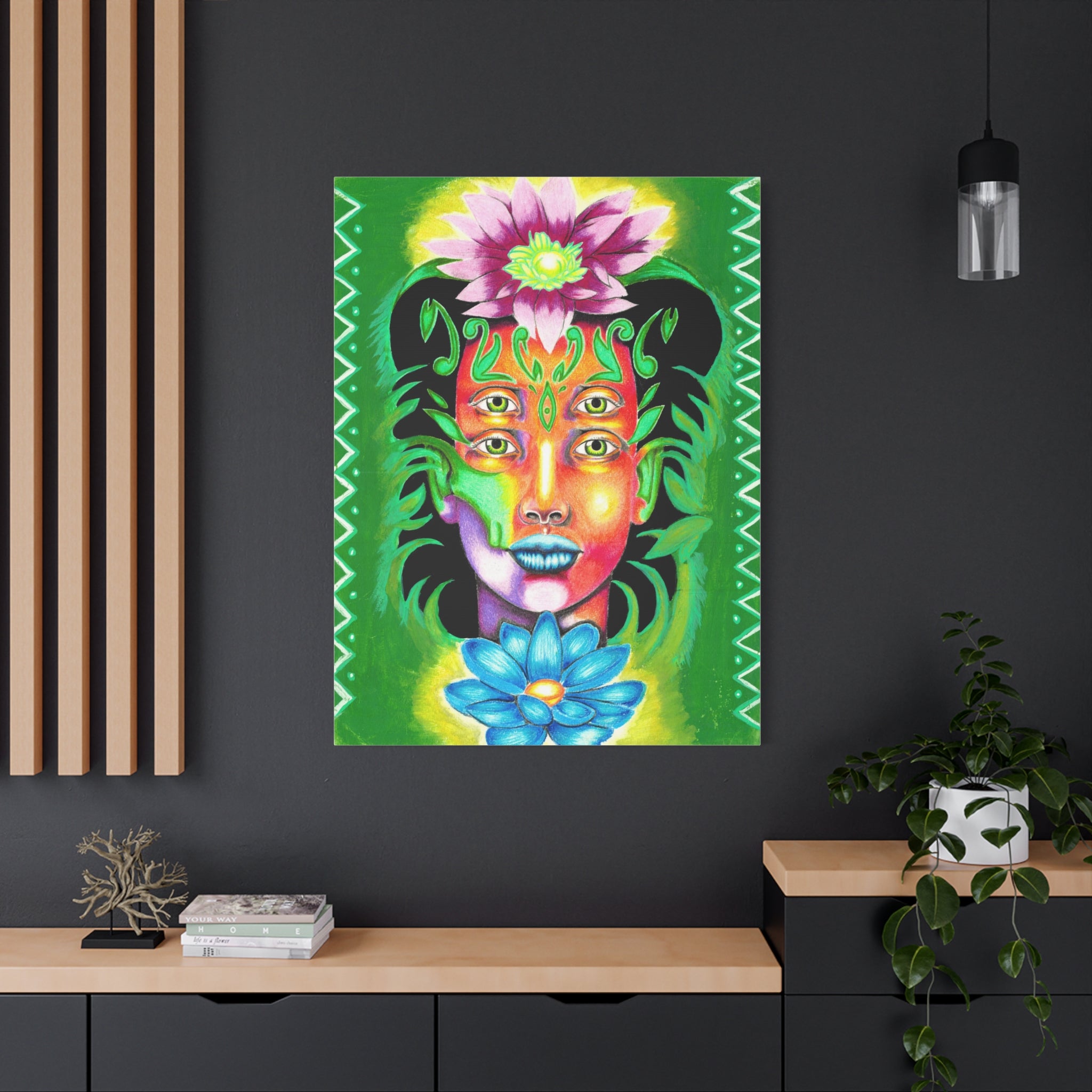 Psychedelic Four-Eyed Face Floral Canvas Art — Vibrant Surreal Wall Decor