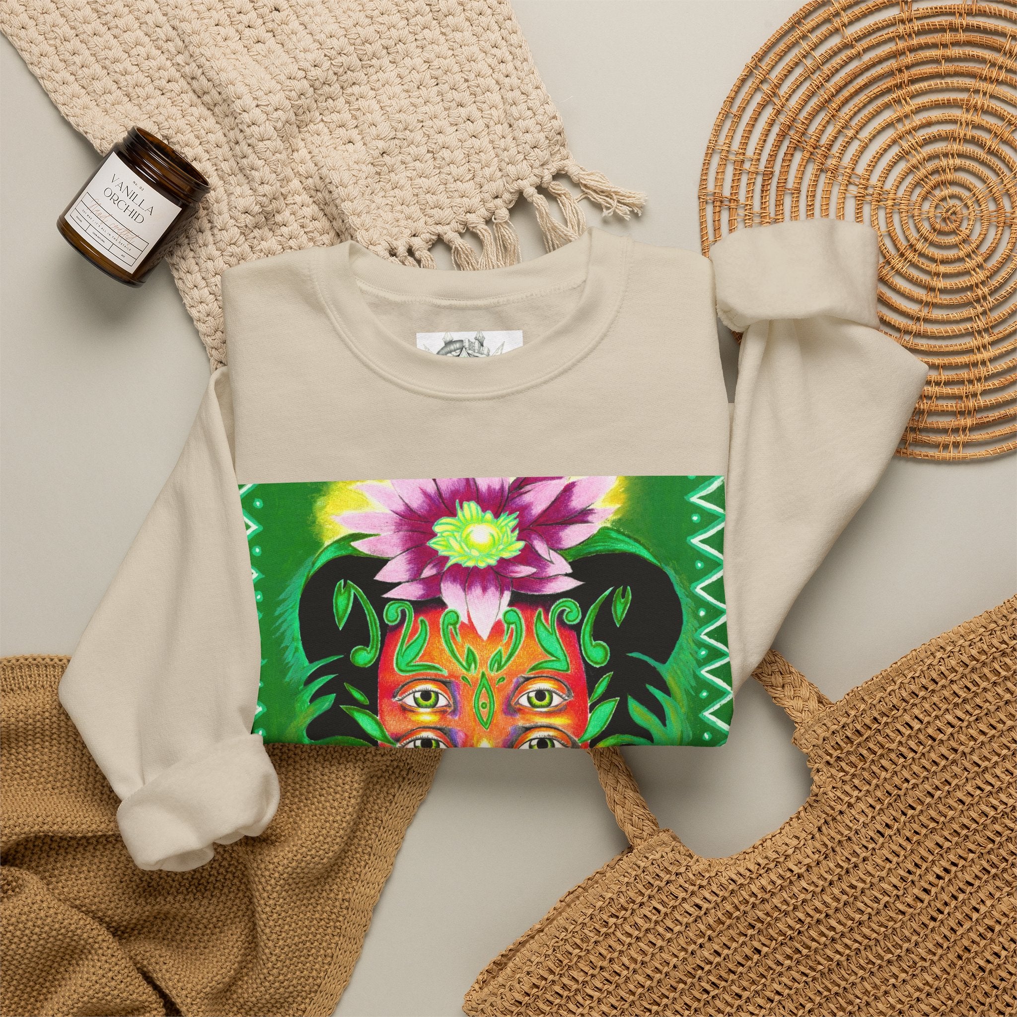 Crewneck Sweatshirt — Vibrant Floral Spirit Face Graphic