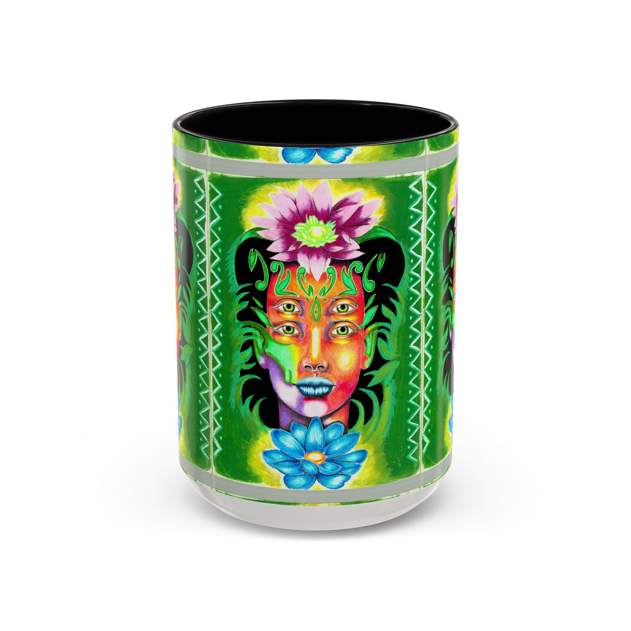 Psychedelic Floral Face Accent Coffee Mug — Colorful Spiritual Art 11/15oz