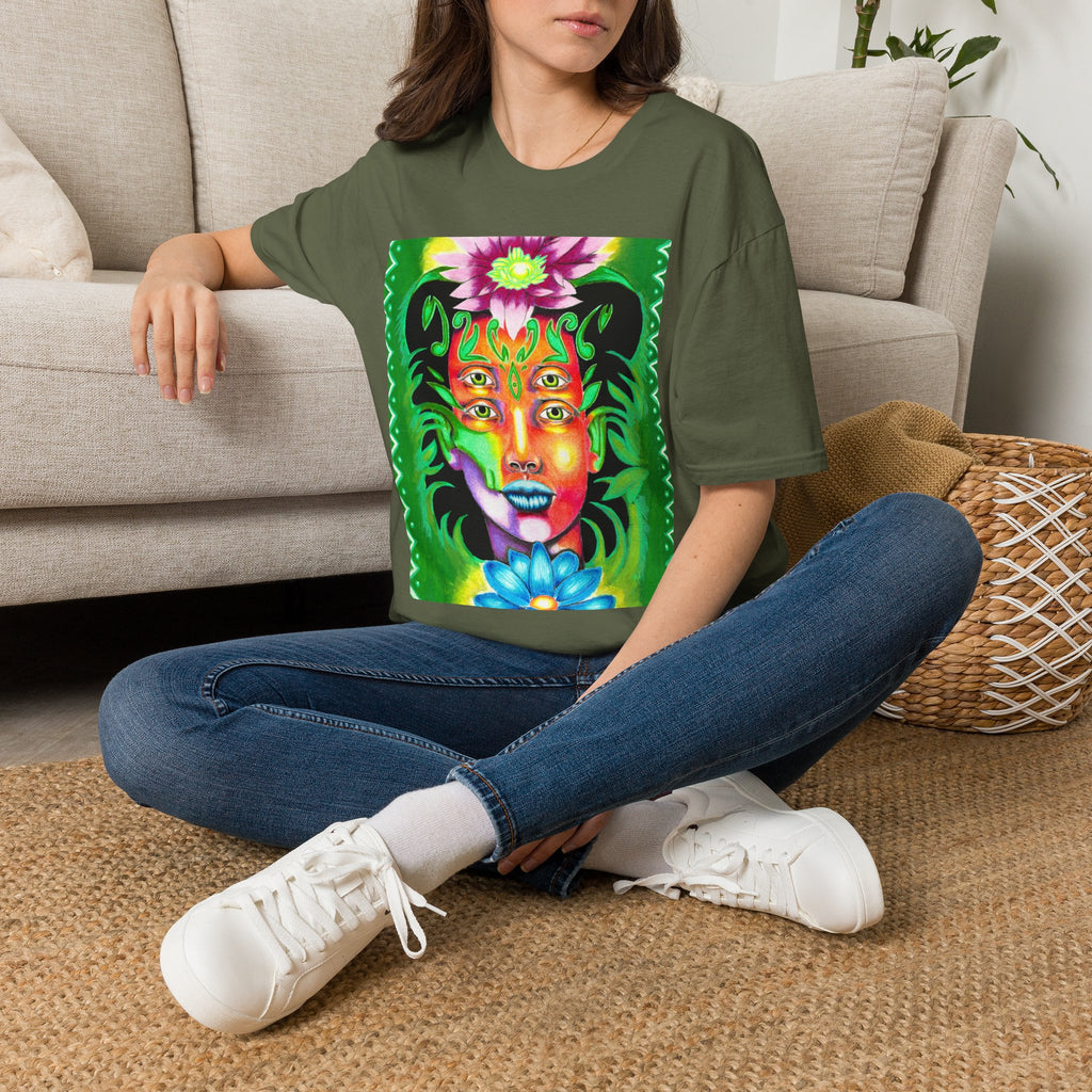 Psychedelic Floral Face T-Shirt — Vibrant Mystic Four-Eyes Design