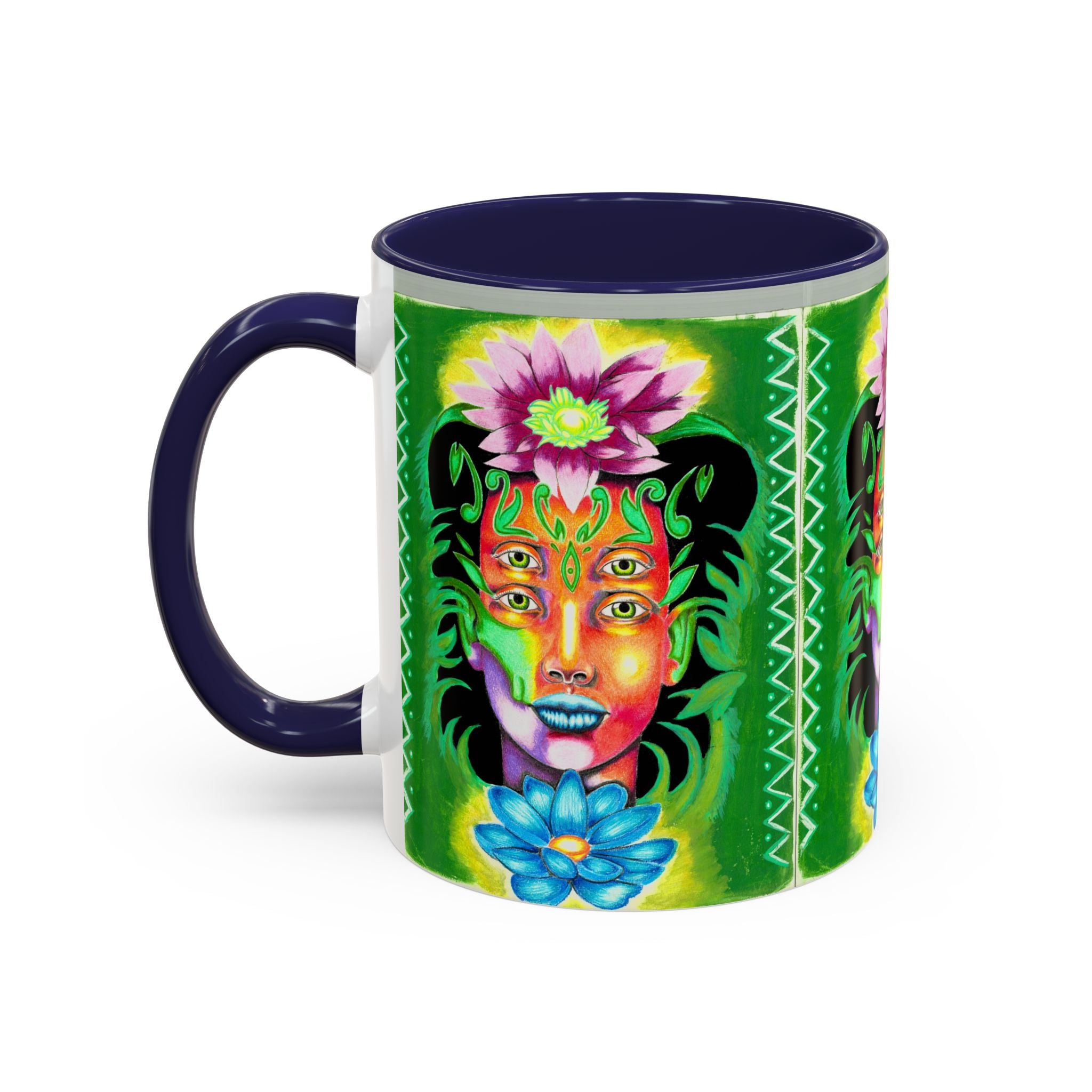 Psychedelic Floral Face Accent Coffee Mug — Colorful Spiritual Art 11/15oz