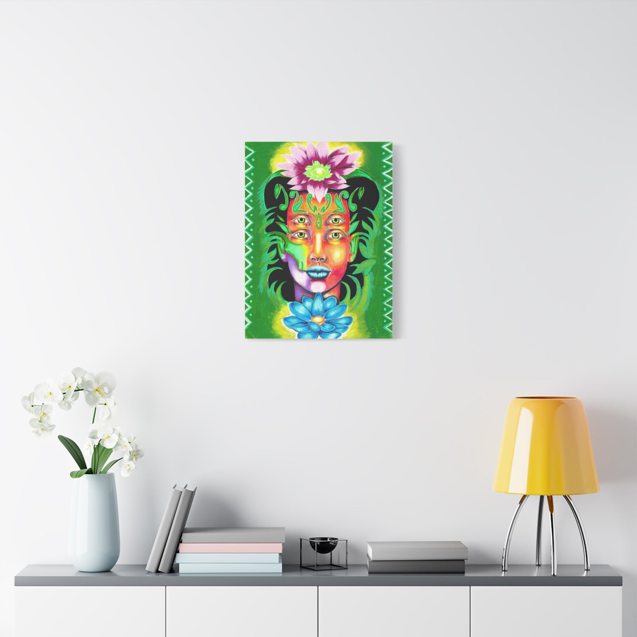 Psychedelic Four-Eyed Face Floral Canvas Art — Vibrant Surreal Wall Decor