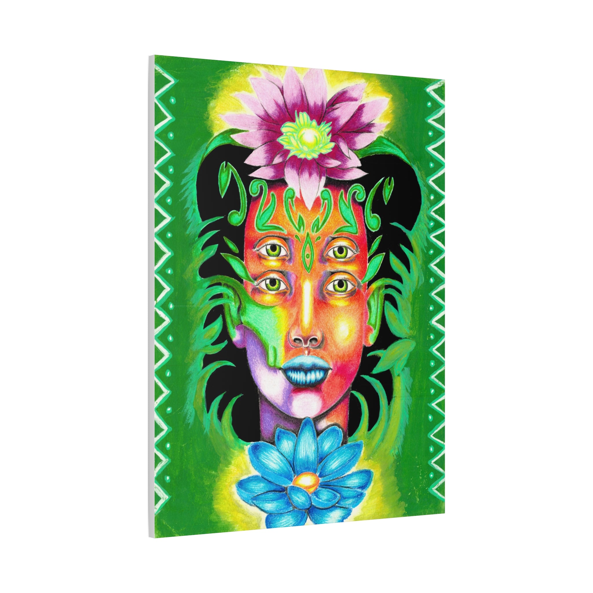 Psychedelic Four-Eyed Face Floral Canvas Art — Vibrant Surreal Wall Decor