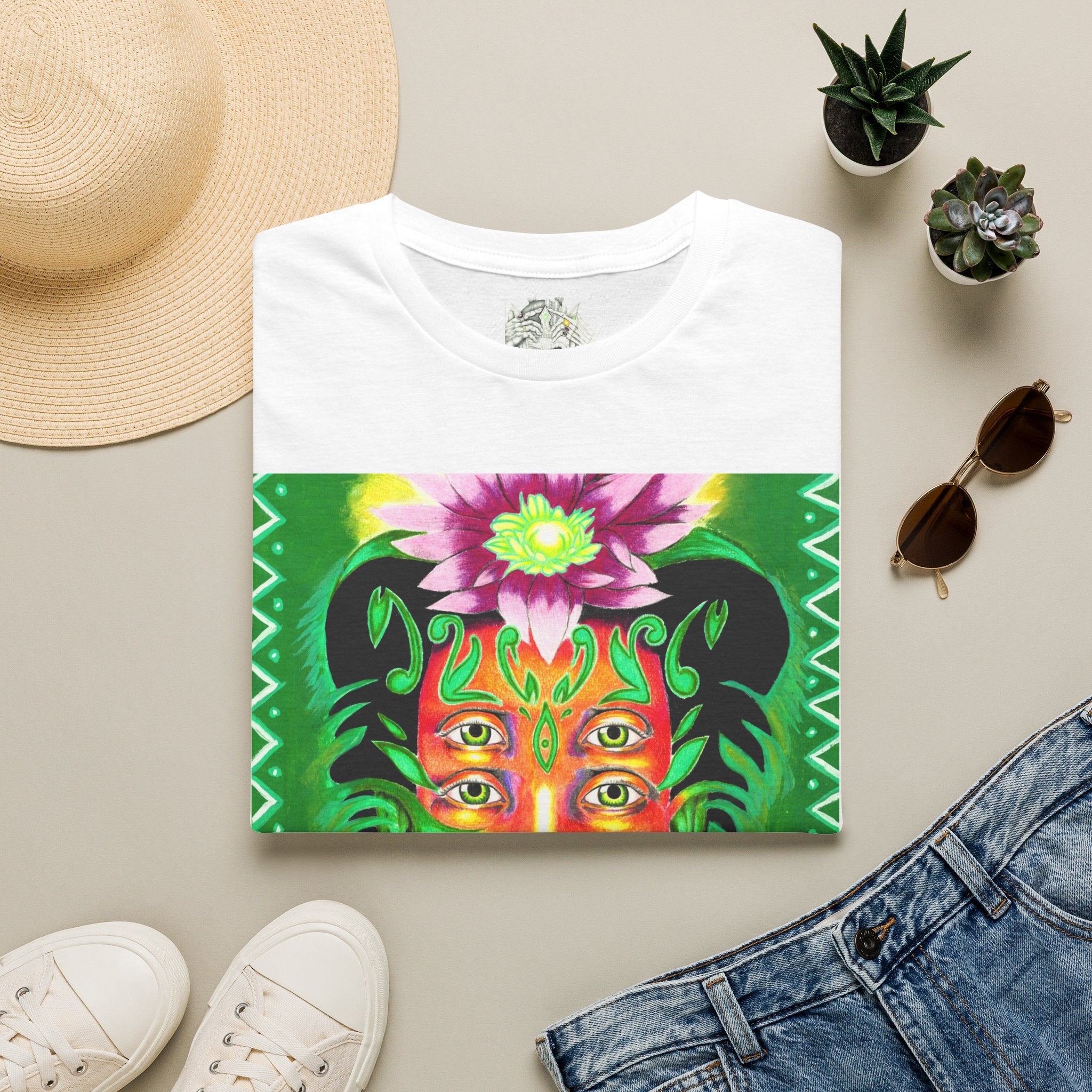 Psychedelic Floral Face T-Shirt — Vibrant Mystic Four-Eyes Design