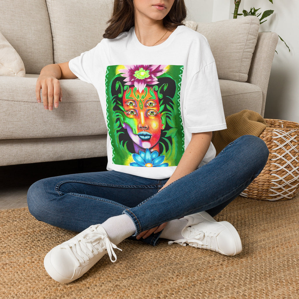 Psychedelic Floral Face T-Shirt — Vibrant Mystic Four-Eyes Design