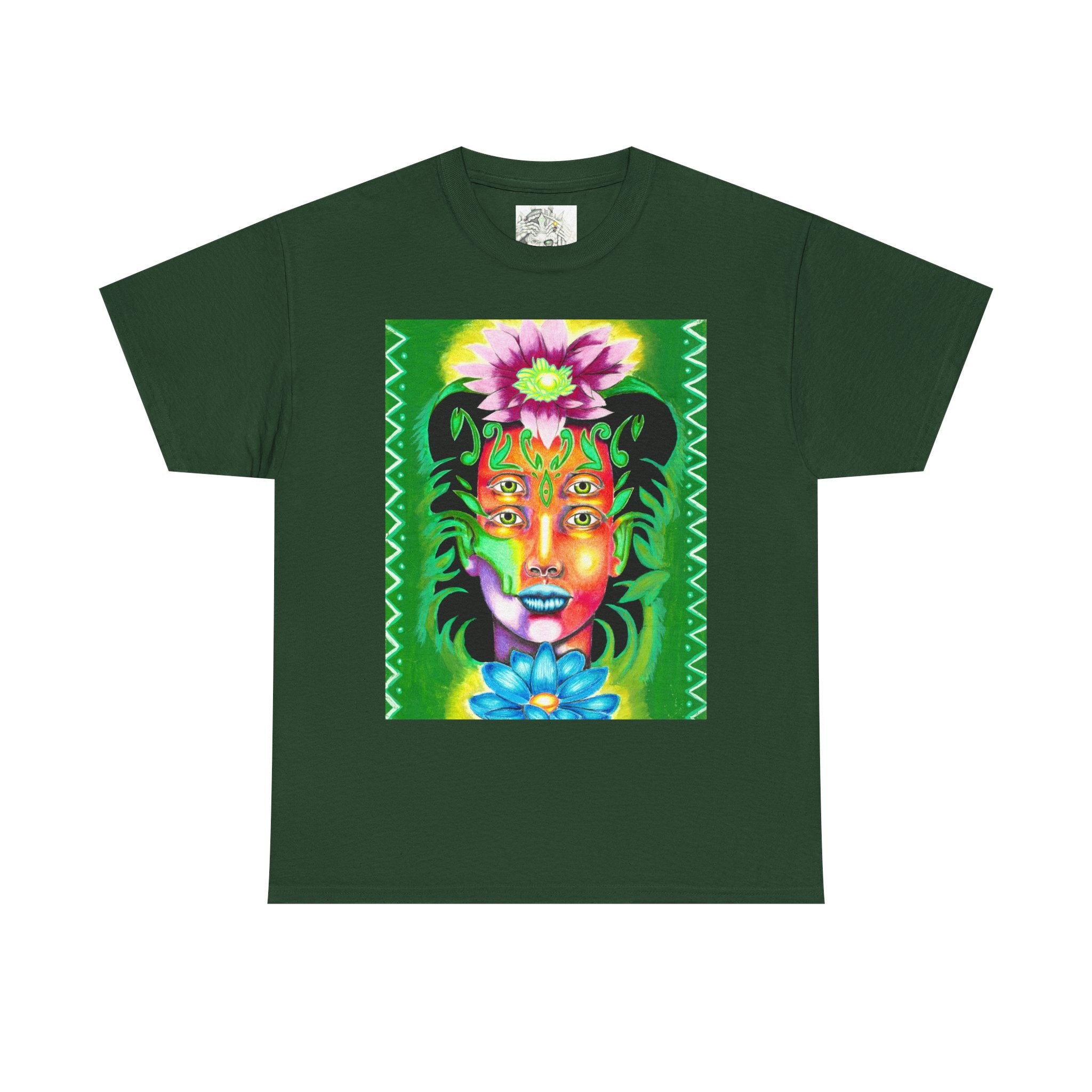 Psychedelic Floral Face Tee — Vibrant Neon Botanical Portrait T-Shirt